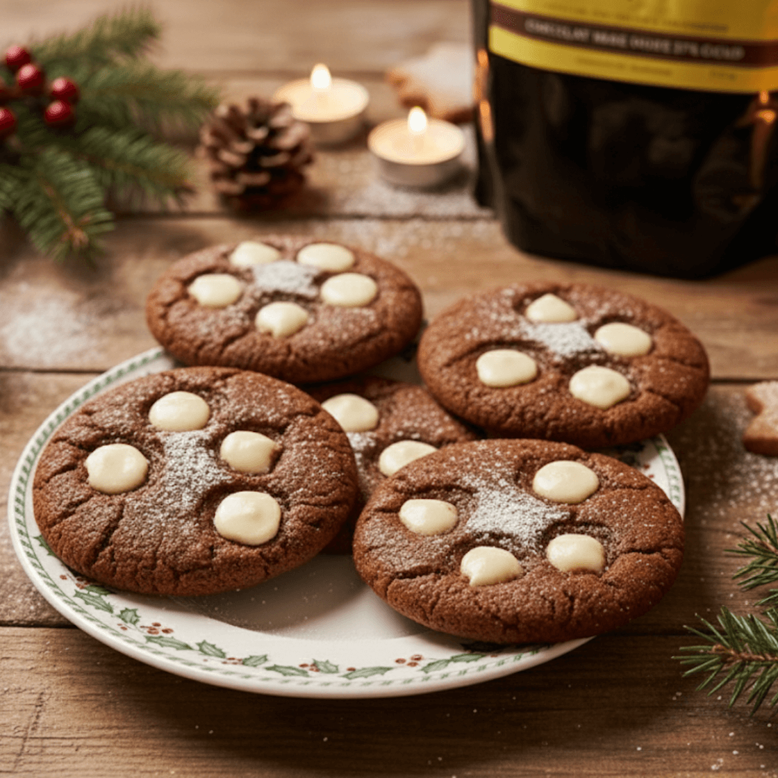 A festive wooden table decorated with evergreen branches, red berries, pinecones, and lit candles displays a plate of chocolate cookies topped with melted white chocolate drops and lightly dusted with powdered sugar. In the background sits a black and yellow package of white chocolate drops, slightly out of focus, along with gingerbread cookies shaped like stars. The scene has a warm, cozy Christmas atmosphere.